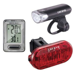 GO-KIT BATERIJSKI SET CATEYE SVETLO PREDNJE HL-EL135/SVETLO ZADNJE OMNI3 TL-LD135/BRZINOMER VELO 7 CC-VL520