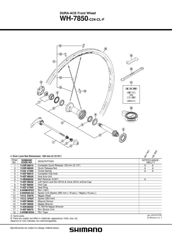 ŽICA SHIMANO WH-7850-C24C-LF 283MM