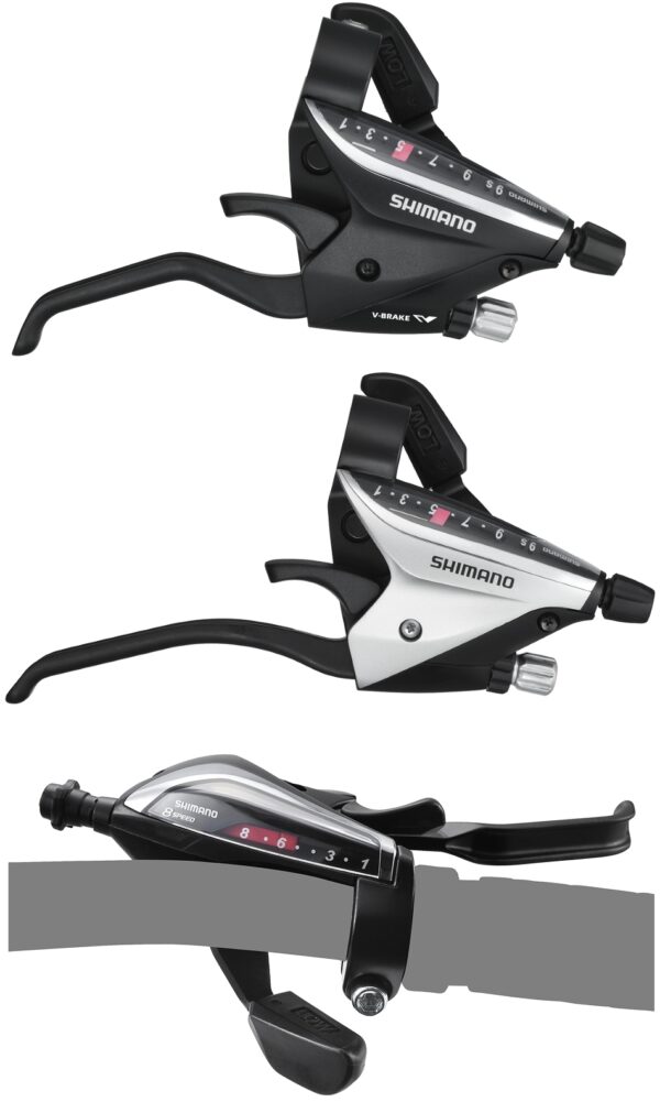 RUČICE MENJAČA/KOČNICA SHIMANO ACERA ST-EF65-2A, 3X8 BRZINA, INNER CABLE 1800MM/2050MM SUS, 2 FINGER ALLOY, STD SHIFT & BRAKE CABLE LENGTH (BLACK), SILVER, IND.PACK